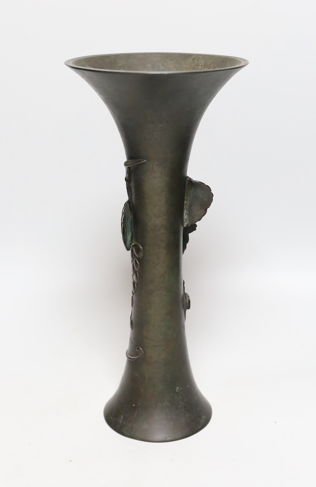 A Japanese bronze beaker vase, 19th century, with bee and vine decoration, 33cms high